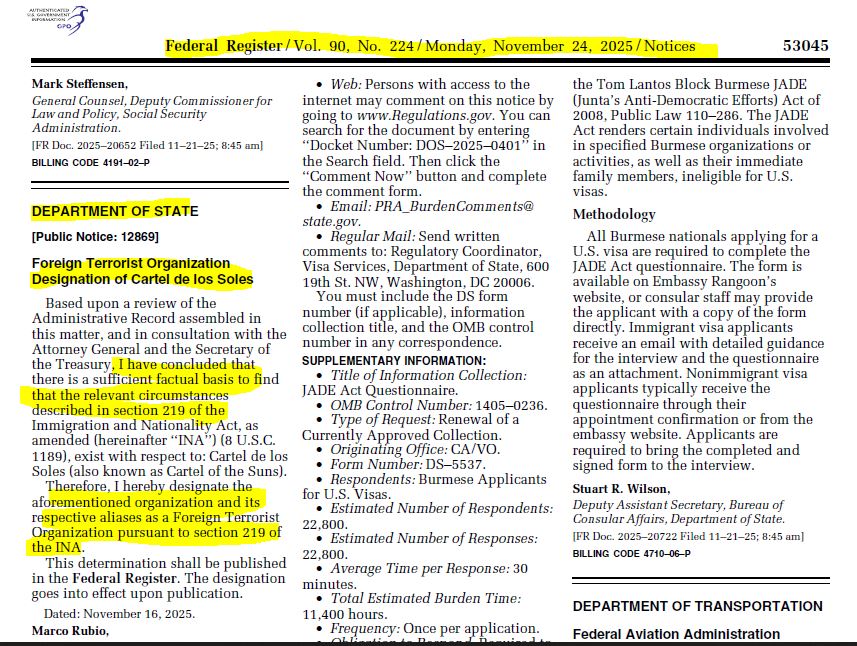 Estado Unidos Designará Al Cártel De Los Soles Como Grupo Terrorista A Partir De Hoy Documento Del Registro Federal Anunciando La Designación Del Cártel De Los Soles Como Organización Terrorista Extranjera Por El Departamento De Estado De Ee. Uu.